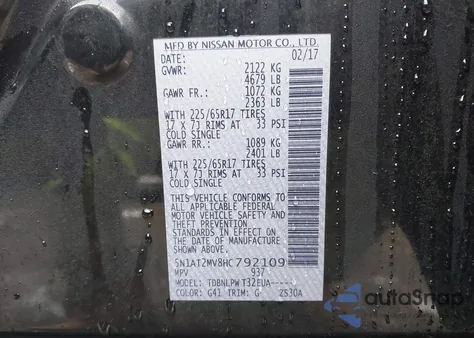 2017 Nissan Rogue S z USA, uszkodzony, nr VIN 5N1AT2MV8HC792109